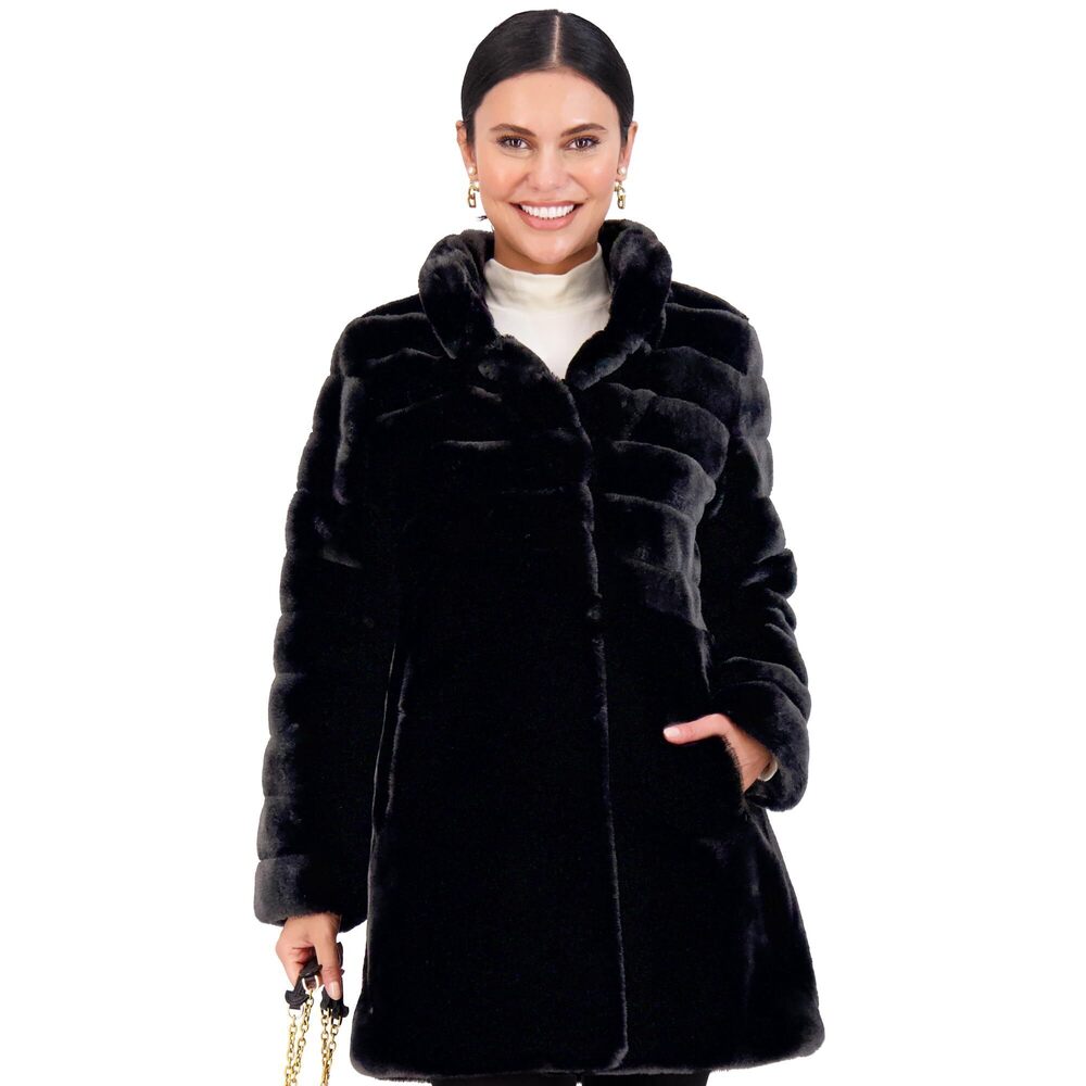 Jones New York Long Faux Fur Coat - Faux Fur Winter Coat with, Black, Size L